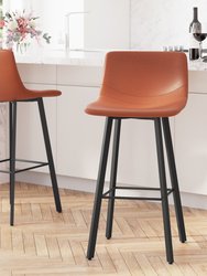 Oretha Set Of 2 Modern Cognac Faux Leather Upholstered Bar Stools With Contoured, Low Back Bucket Seats And Iron Frames - Cognac