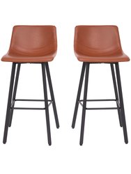 Oretha Set Of 2 Modern Cognac Faux Leather Upholstered Bar Stools With Contoured, Low Back Bucket Seats And Iron Frames