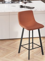 Oretha Set Of 2 Modern Cognac Faux Leather Upholstered Counter Stools With Contoured, Low Back Bucket Seats And Iron Frames