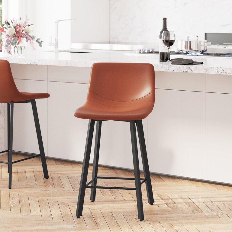 Oretha Set Of 2 Modern Cognac Faux Leather Upholstered Counter Stools With Contoured, Low Back Bucket Seats And Iron Frames - Cognac
