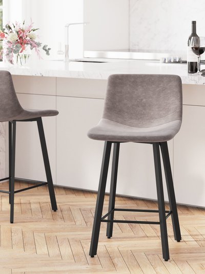 Merrick Lane Oretha Set Of 2 Modern Gray Faux Leather Upholstered Counter Stools With Contoured, Low Back Bucket Seats And Iron Frames product