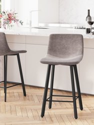 Oretha Set Of 2 Modern Gray Faux Leather Upholstered Counter Stools With Contoured, Low Back Bucket Seats And Iron Frames - Grey