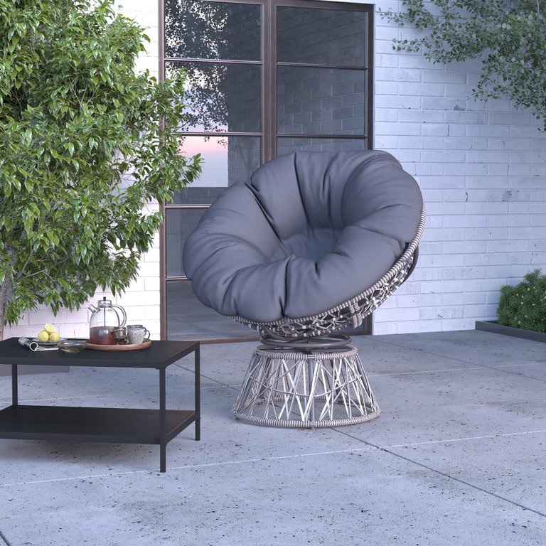 Papasan Style Woven Wicker Swivel Patio Chair In Silver with Removable All-Weather Dark Gray Cushion - Dark Grey