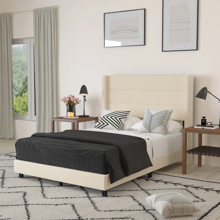 Percy Modern Full Platform Bed With Padded Channel Stitched Beige Faux Linen Upholstered Wingback Headboard And 8.6" Underbed Clearance - Beige