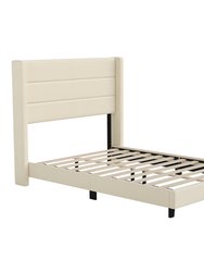 Percy Modern Full Platform Bed With Padded Channel Stitched Beige Faux Linen Upholstered Wingback Headboard And 8.6" Underbed Clearance