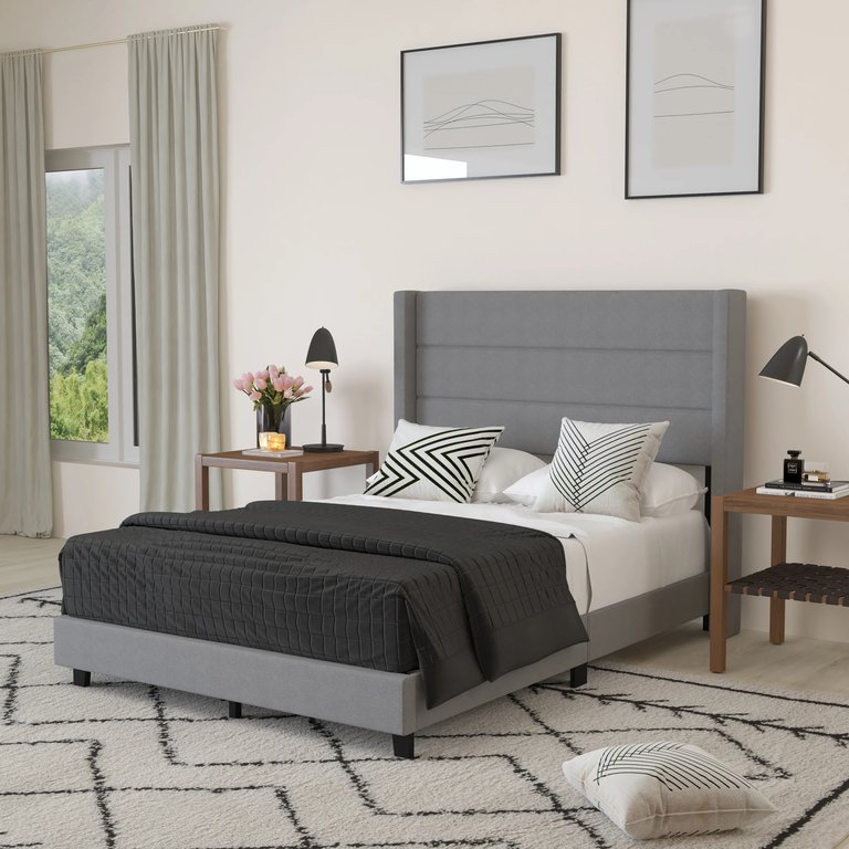 Percy Modern Full Platform Bed With Padded Channel Stitched Gray Faux Linen Upholstered Wingback Headboard And 8.6" Underbed Clearance - Gray