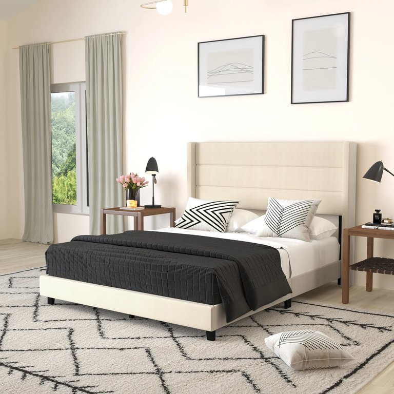 Percy Modern Queen Platform Bed With Padded Channel Stitched Beige Faux Linen Upholstered Wingback Headboard And 8.6" Underbed Clearance - Beige