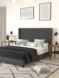 Percy Modern Queen Platform Bed With Padded Channel Stitched Charcoal Faux Linen Upholstered Wingback Headboard And 8.6" Underbed Clearance - Charcoal