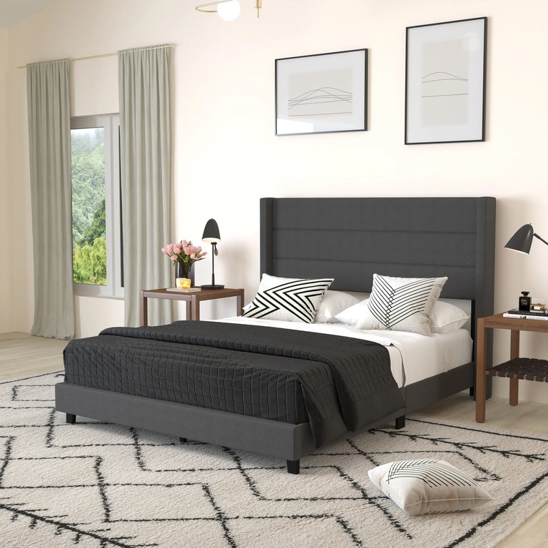 Percy Modern Queen Platform Bed With Padded Channel Stitched Charcoal Faux Linen Upholstered Wingback Headboard And 8.6" Underbed Clearance - Charcoal