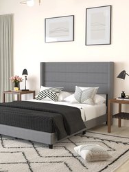 Percy Modern Queen Platform Bed With Padded Channel Stitched Gray Faux Linen Upholstered Wingback Headboard And 8.6" Underbed Clearance - Gray
