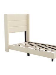 Percy Modern Twin Platform Bed With Padded Channel Stitched Beige Faux Linen Upholstered Wingback Headboard And 8.6" Underbed Clearance