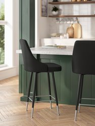 Petra Set Of Two Modern Bar Height Faux Leather Upholstered Dining Stools With Chrome Accented Metal Frames And Footrests - Black