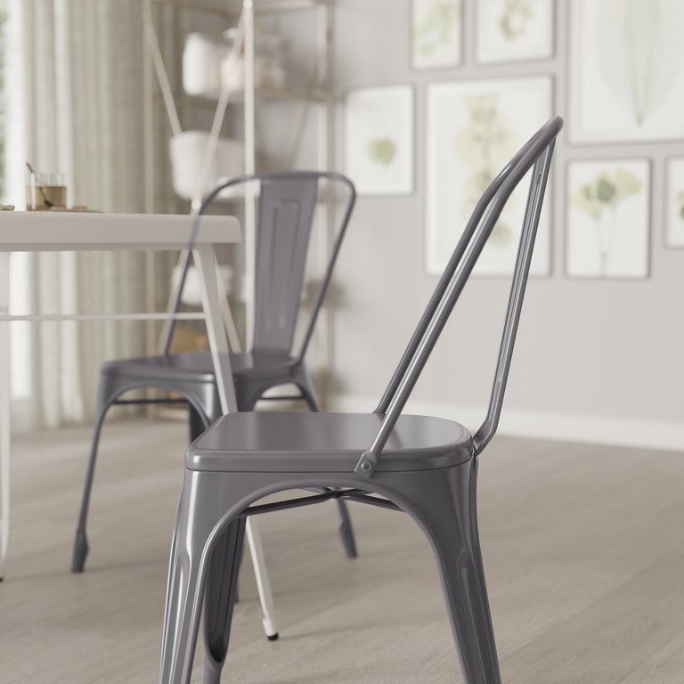 Powder Coated Metal Stacking Dining Chair with Clear Coat Finish and Plastic Floor Glides for Indoor Use