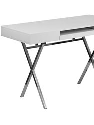 Rhodes Computer Desk Contemporary Granite White Writing Desk with Metal Crisscross Frame, Keyboard Tray and 2 Box Drawers