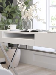 Rhodes Computer Desk Contemporary Granite White Writing Desk with Metal Crisscross Frame, Keyboard Tray and 2 Box Drawers - White