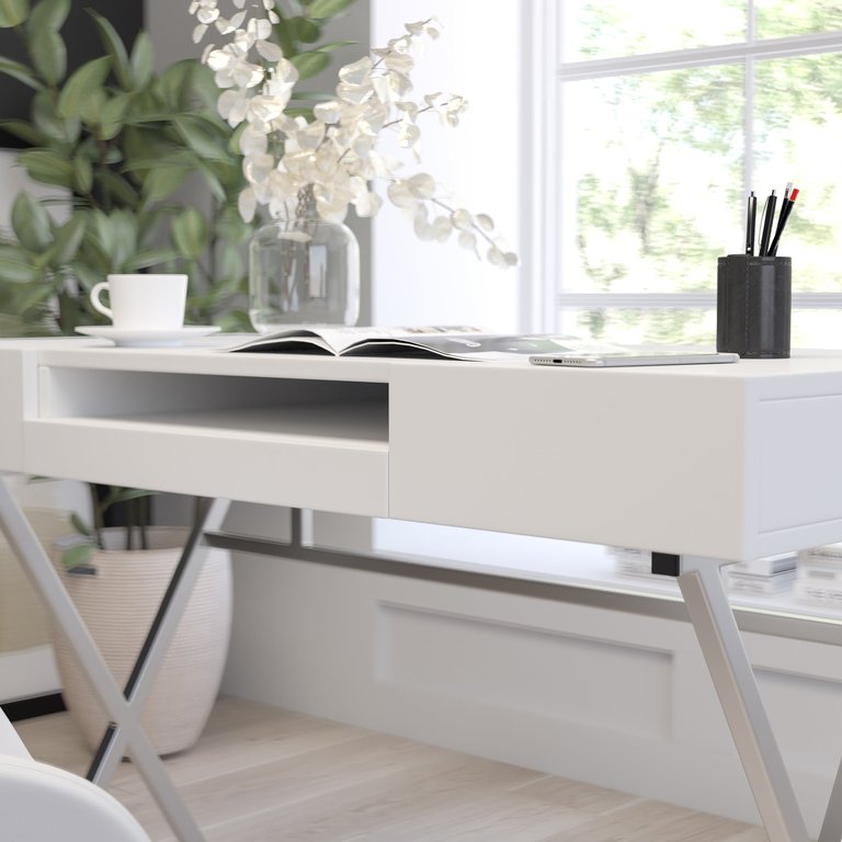 Rhodes Computer Desk Contemporary Granite White Writing Desk with Metal Crisscross Frame, Keyboard Tray and 2 Box Drawers - White
