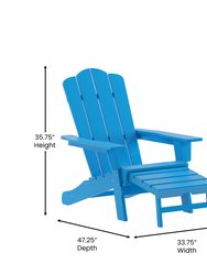 Ridley Adirondack Chair With Cup Holder And Pull Out Ottoman, All-Weather HDPE Indoor/Outdoor Lounge Chair In Blue, Set Of 2