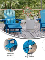 Ridley Adirondack Chair With Cup Holder And Pull Out Ottoman, All-Weather HDPE Indoor/Outdoor Lounge Chair In Blue, Set Of 2