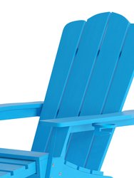 Ridley Adirondack Chair With Cup Holder And Pull Out Ottoman, All-Weather HDPE Indoor/Outdoor Lounge Chair In Blue, Set Of 2