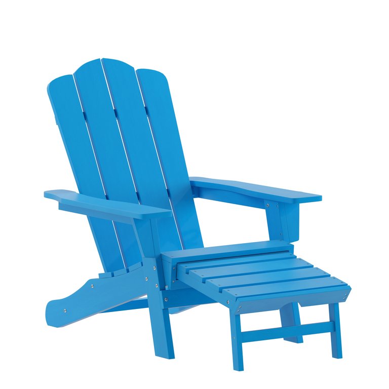 Ridley Adirondack Chair With Cup Holder And Pull Out Ottoman, All-Weather HDPE Indoor/Outdoor Lounge Chair In Blue, Set Of 2 - Blue