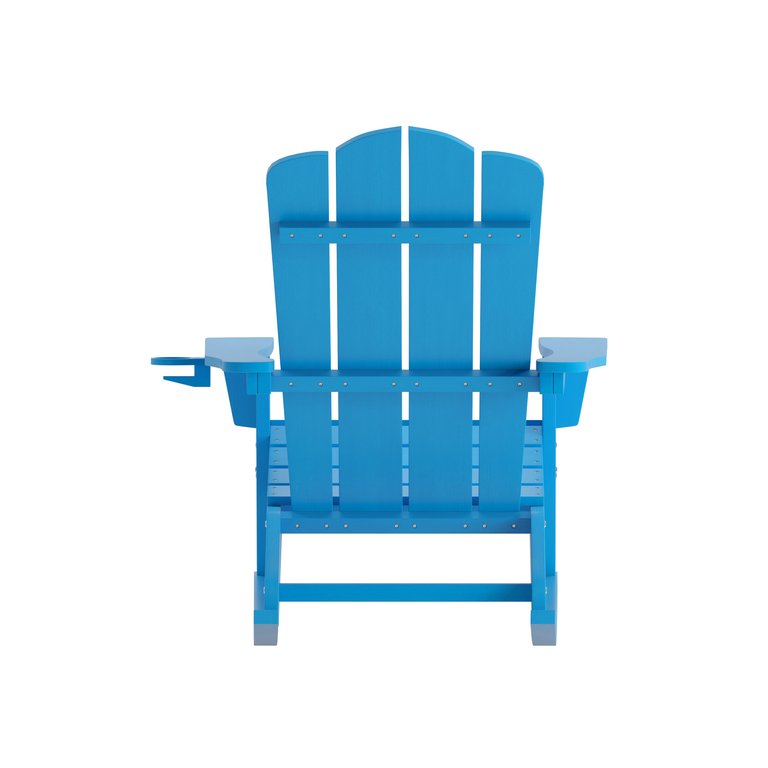 Ridley Adirondack Rocking Chair With Cup Holder, Weather Resistant HDPE Adirondack Rocking Chair In Blue, Set Of 2