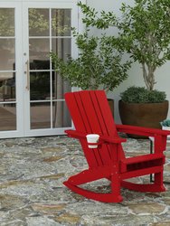 Ridley Adirondack Rocking Chair With Cup Holder, Weather Resistant HDPE Adirondack Rocking Chair - Red