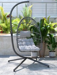 Riley Foldable Woven Hanging Egg Chair in Gray with Removable Gray Cushions and Stand for Indoor and Outdoor Use