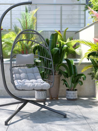 Merrick Lane Riley Foldable Woven Hanging Egg Chair in Gray with Removable Gray Cushions and Stand for Indoor and Outdoor Use product