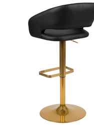 Rothko Contemporary Black Vinyl Adjustable Height Barstool with Rounded Mid-Back and Gold Base
