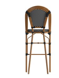 Sacha Set Of Two Stacking French Bistro Bar Stools With PE Seats And Back And Bamboo Finished Metal Frames For Indoor/Outdoor Use