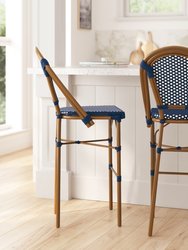 Sacha Set Of Two Stacking French Bistro Bar Stools With PE Seats And Back And Bamboo Finished Metal Frames For Indoor/Outdoor Use - Navy