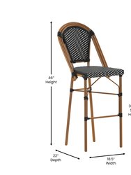 Sacha Set Of Two Stacking French Bistro Bar Stools With PE Seats And Back And Bamboo Finished Metal Frames For Indoor/Outdoor Use