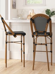 Sacha Set Of Two Stacking French Bistro Bar Stools With PE Seats And Back And Bamboo Finished Metal Frames For Indoor/Outdoor Use - Black