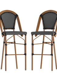 Sacha Set Of Two Stacking French Bistro Bar Stools With PE Seats And Back And Bamboo Finished Metal Frames For Indoor/Outdoor Use
