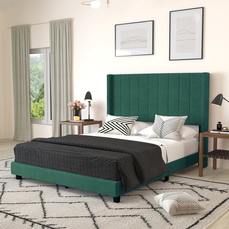 Sana Modern Emerald Velvet Upholstered Platform Bed Frame With Padded, Tufted Wingback Headboard And Wood Support Slats - Emerald