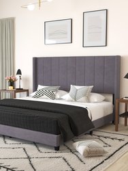 Sana Modern Gray Velvet Upholstered Platform Bed Frame With Padded, Tufted Wingback Headboard And Wood Support Slats, No Box Spring Required