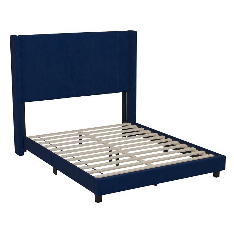 Sana Modern Navy Velvet Upholstered Platform Bed Frame With Padded, Tufted Wingback Headboard And Wood Support Slats, No Box Spring Required - Navy Velvet