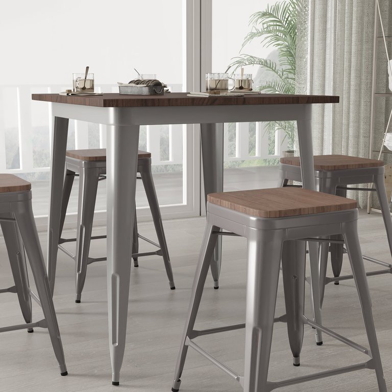 Set of 4 Hamburg 24 Inch Tall Clear Coated Gray Metal Bar Counter Stool With Textured Walnut Elm Wood Seat