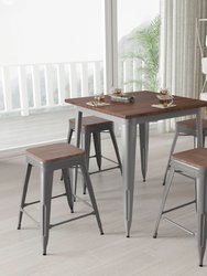 Set of 4 Hamburg 24 Inch Tall Clear Coated Gray Metal Bar Counter Stool With Textured Walnut Elm Wood Seat - Gray