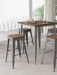 Set of 4 Hamburg 30 Inch Tall Clear Coated Gray Metal Bar Counter Stool With Textured Walnut Elm Wood Seat - Gray