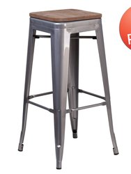 Set of 4 Hamburg 30 Inch Tall Clear Coated Gray Metal Bar Counter Stool With Textured Walnut Elm Wood Seat