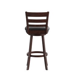 Silla 30" Antique Oak Classic Wooden Ladderback Swivel Bar Height Stool With Black Faux Leather Padded Seat And Integrated Footrest
