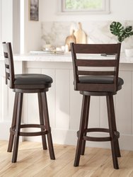 Silla 30" Antique Oak Classic Wooden Ladderback Swivel Bar Height Stool With Black Faux Leather Padded Seat And Integrated Footrest