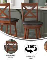 Sora 24" Antique Oak Classic Wooden Crossback Swivel Counter Height Pub Stool with Black Faux Leather Padded Seat and Integrated Footrest