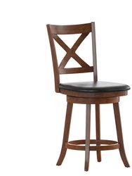 Sora 24" Antique Oak Classic Wooden Crossback Swivel Counter Height Pub Stool with Black Faux Leather Padded Seat and Integrated Footrest