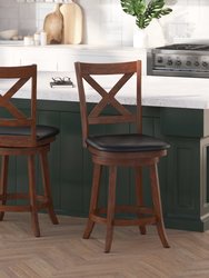Sora 24" Antique Oak Classic Wooden Crossback Swivel Counter Height Pub Stool with Black Faux Leather Padded Seat and Integrated Footrest - Antique Oak