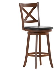 Sora 30" Gray Wash Walnut Classic Wooden Crossback Swivel Bar Height Pub Stool With Black Faux Leather Padded Seat And Integrated Footrest