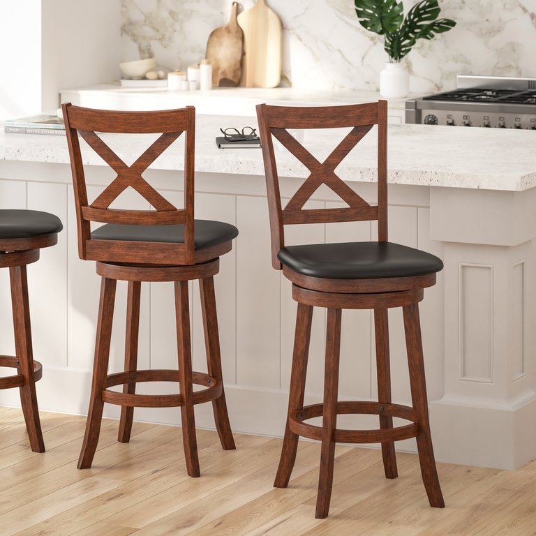 Sora 30" Gray Wash Walnut Classic Wooden Crossback Swivel Bar Height Pub Stool With Black Faux Leather Padded Seat And Integrated Footrest - Antique Oak