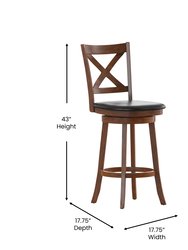 Sora 30" Gray Wash Walnut Classic Wooden Crossback Swivel Bar Height Pub Stool With Black Faux Leather Padded Seat And Integrated Footrest