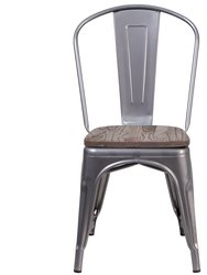 Stackable Clear Coated Metal Vertical Slat Back Dining Chair with Textured Walnut Finish Elm Wood Seat